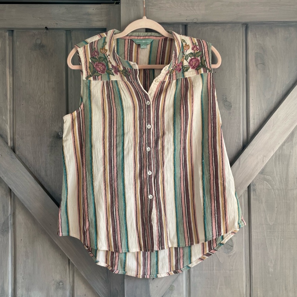 April Cornell‎ 100% Cotton Striped Floral Embroidered Button Down Sleeveless